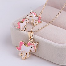 Hot Sale Pink Animal Jewelry Set Chain Kids Jewelry Cartoon Horse Unicorn Neckla - £9.51 GBP