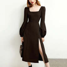 Long Sleeve Hepburn Style Chiffon Black Retro Split Dress - $60.95