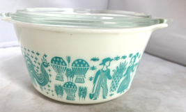 VTG Pyrex 473 White &amp; Turquoise Amish Butterprint Casserole Dish with Lid SHINY - £46.93 GBP