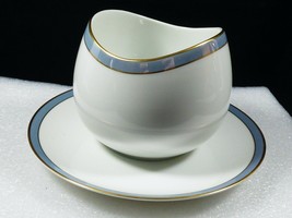 Thomas Germany Helsinki porcelain Blue &amp; Gold rim Gravy Boat with attached plate - £47.48 GBP