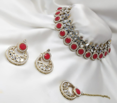 Gold Plated Indian Bollywood Style Kundan Necklace Tikka Red Jewelry Set - £22.40 GBP