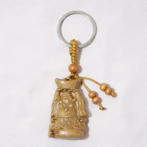 LAUGHING BUDDHA KEYCHAIN - HOTEI - Carved Peach Wood Pendant-Abundance F... - $18.99