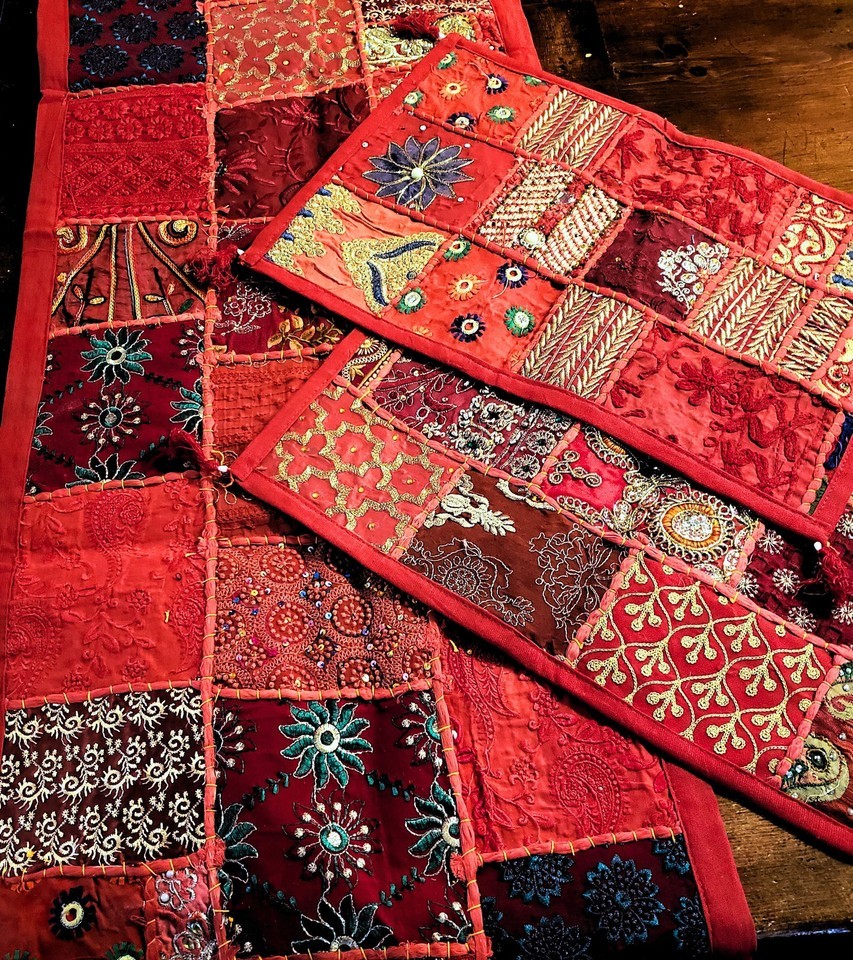 Exquisite Handmade Gujarat Embroidered &amp; Jeweled Table Runner with 6 - $82.96
