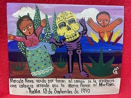 Mexican Folk Art Skeleton Attacks Woman Painted Tin Ex Voto Retablo - $35.00