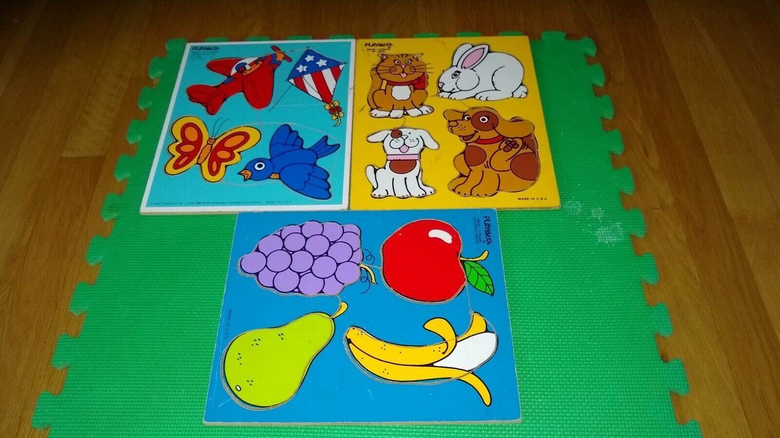 Vintage Playskool Wooden Puzzles: My Pets, Fruits, Things that Fly,  4 Pieces - $40.00