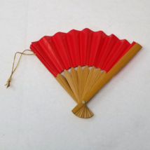 Hand Fan Christmas Ornament Wood Handmade Red Paper Unfolds Vintage - $12.30