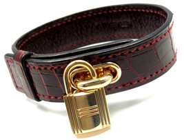 Very Rare! Authentic HERMES 18k Yellow Gold &amp; Crocodile Burgundy Bracelet - £5,875.26 GBP