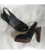 Stuart Weitzman Wedge Peep Toe Size 6.5 Black Patent Woven Rattan Heels - $59.84