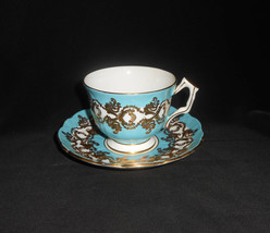 Aynsley Tea Cup Sky Blue Gold Scrolls Crocus Shape Vintage Teacup and Sa... - $24.75