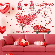 2 Sheets Large Valentine&#39;s Day Wall Decals Heart Tree Gnome Red Truck Wall Stick - £19.82 GBP