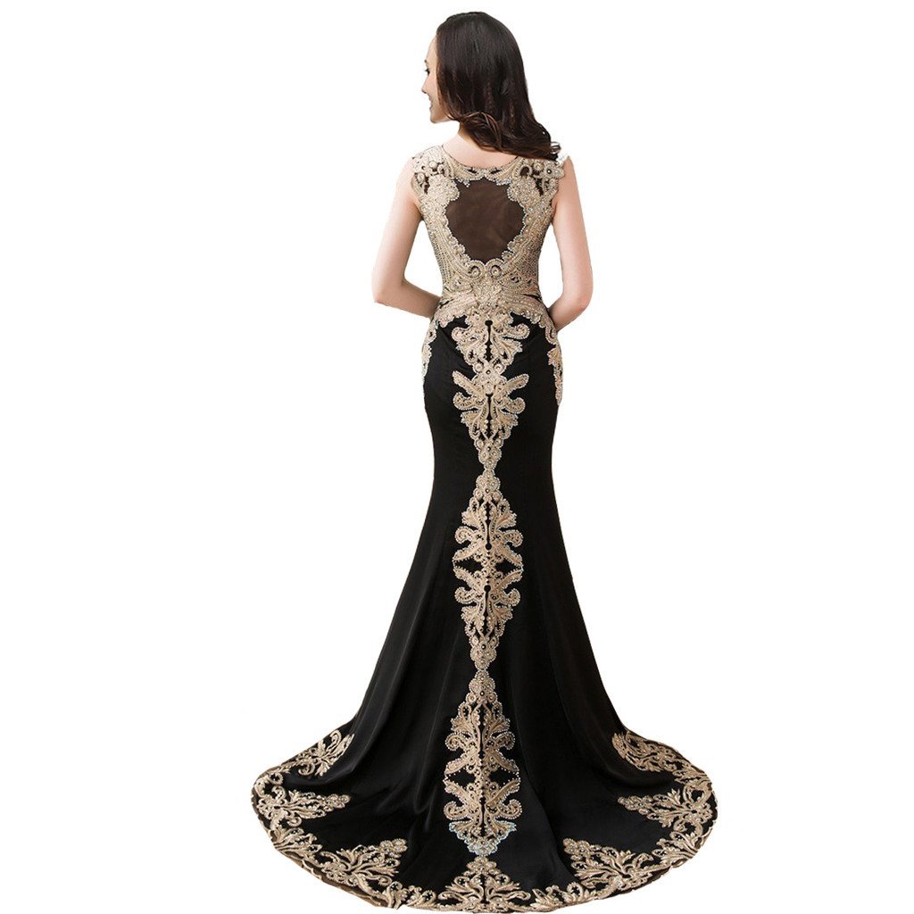 Gold Lace Embroidery Beaded Mermaid Long Sheer Formal Prom Evening Dresses Black