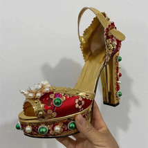 Exotic Embroidery Lace Rhinestone Sandals Women Chunky Heel Crystal Flower  Plat - £112.06 GBP