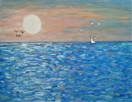 Original Ocean Sunset Seascape Sailboat Birds Painting Impressionism Monet Style - £14.54 GBP