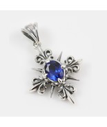 Royal Cross Fleur-de-lis Design Sterling Silver Pendant w/Blue Zircon GI... - $3,317.34 MXN