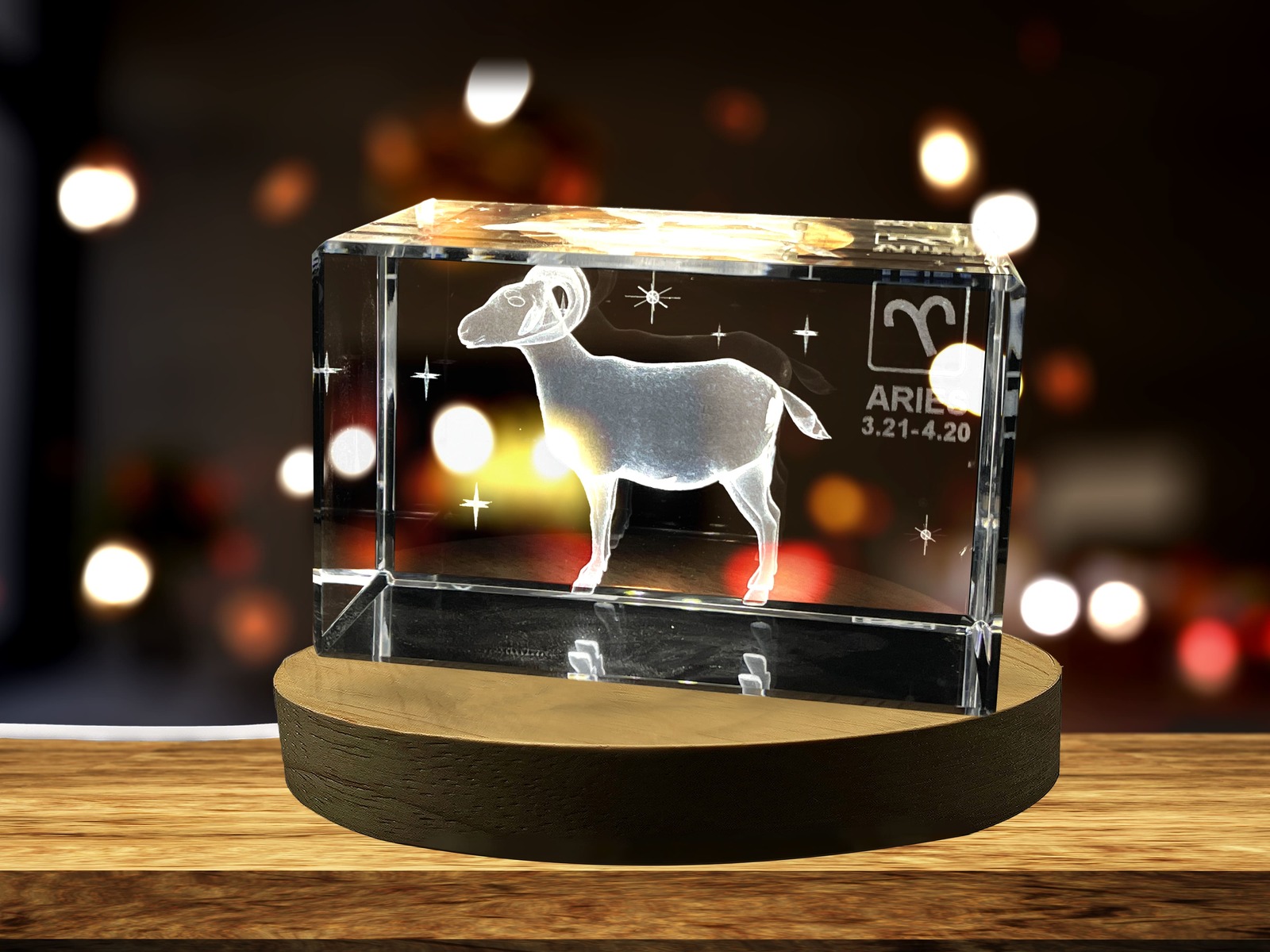 LED Base included | Aries Zodiac Sign 3D Engraved Crystal Keepsake Gift