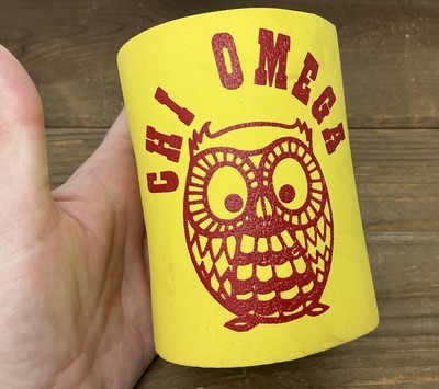 Vintage CHI OMEGA Foam Koozie Sorority Beer Drink Holder Yellow Owl Logo - $24.70