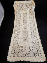 Vintage Table Runner Floral Lace Design Ivory w/ Crocheted Edges 13&quot; X 2&#39; 9&quot; - £7.48 GBP