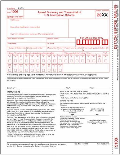 IRS Approved 1096 Laser Transmittal/Summary Red Form - 5 Pack - $10.00