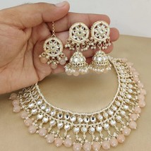 Gold Plated Indian Bollywood Style Kundan Necklace Pearl Peach Jewelry Set - £37.35 GBP