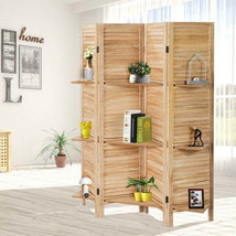 4 Panel Folding Room Divider Screen with 3 Display Shelves-Brown - £156.61 GBP