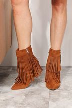 Legend Fringe Tassel Pointy Toe Wedge Heel Ankle Booties Ochre Brown Cla... - $57.00