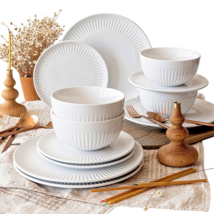 DINNERWARE SETS DINNER PLATES AND BOWLS SET PORCELAIN WHITE DISHES MODER... - $51.99