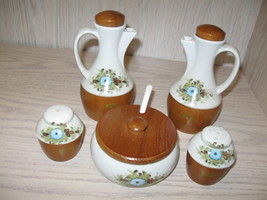 Cruet Set Oil &amp; Vinegar Salt  Pepper Mustard Pot Ceramic Wood Base Japan - $12.95