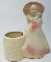 Planter Wishing Well Table Asian Ceramic Pink Dress Bow Blue Hue Vintage  - £11.91 GBP
