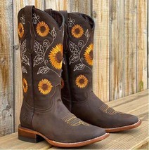 Women Shoes Mid-calf Boots Sunflower Printed Boots Thick Heel Leather Cowboy Boo - £39.51 GBP
