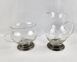 Floral Etched Glass Cream &amp; Sugar Set Sterling Silver Bases Nice condition - $29.69
