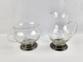 Floral Etched Glass Cream &amp; Sugar Set Sterling Silver Bases Nice condition - $29.69