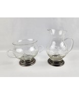 Floral Etched Glass Cream &amp; Sugar Set Sterling Silver Bases Nice condition - £23.32 GBP