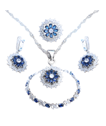Anyco Jewelry Set 4Pcs Blue Floral Stone Zircon 925 Silver Ring Necklace... - $64.90+