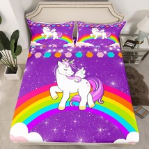 Girls Unicorn Bed Sheet Twin Rainbow Bedding Sets Cute Unicorn Glitter F... - £32.04 GBP