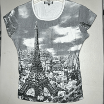 Vintage Black White Y2K 2000s Rhinestone Paris Grunge Tshirt Large - £7.81 GBP