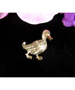 DAMASCENE DUCK Vintage Pin Goldtone Brooch SPAIN Black Silvery White Enamel - $35.86 CAD