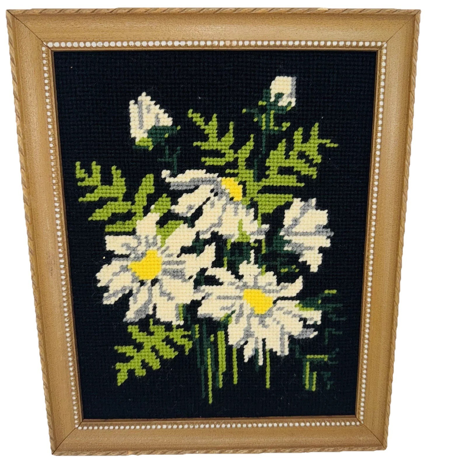 Vintage Wood Framed Daisies Needlework Black Floral BOHO bohemian Gothco... - $34.95