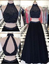 Sexy Two Piece High Neck Open Back Long Black Prom Dresses with Beaded - £141.36 GBP