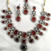 Bollywood Style Silver Plated Indian CZ Choker Necklace Red Kundan Jewelry Set - £97.57 GBP