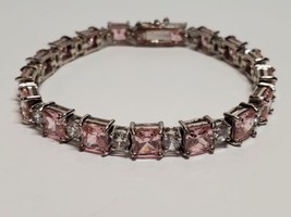 Solid Sterling 925 Silver Tennis Bracelet Pink Ice Clear Cubic Zirconia Stones - £50.89 GBP