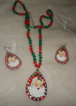 Vinatge Jolly Santa Claus Pendant Necklace &amp; Dangle Errings Red Green Plaid - £27.37 GBP