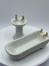 Dollhouse Miniature Bathroom Lot Pedestal Sink and Bathtub Ceramic Furniture - £7.46 GBP