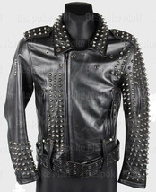 New Men Black Full Silver Spiked Studded Punk Unique Cowhide Leather Jacket-973 - £290.34 GBP