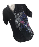 Boho Top Dolled up by fang Button down Black Floral Rockabilly Pinup - $19.79