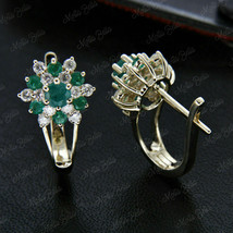 1.10Ct Round Cut Emerald &amp; Diamond Flower Huggie Earrings 14K Yellow Gold Finish - £65.75 GBP