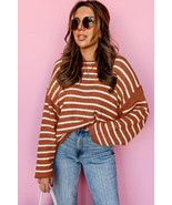 Brown Stripe Casual Round Neck Drop Shoulder Sweater - $181.92