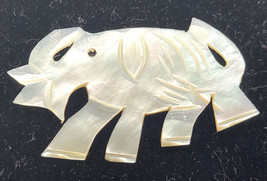 Lucky Trunk Up Elephant Pin Brooch White Carved Plastic Faux Shell 2&quot; - £15.33 GBP
