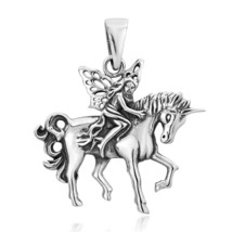 Wood Fairy Riding Unicorn .925 Silver Pendant - £17.71 GBP