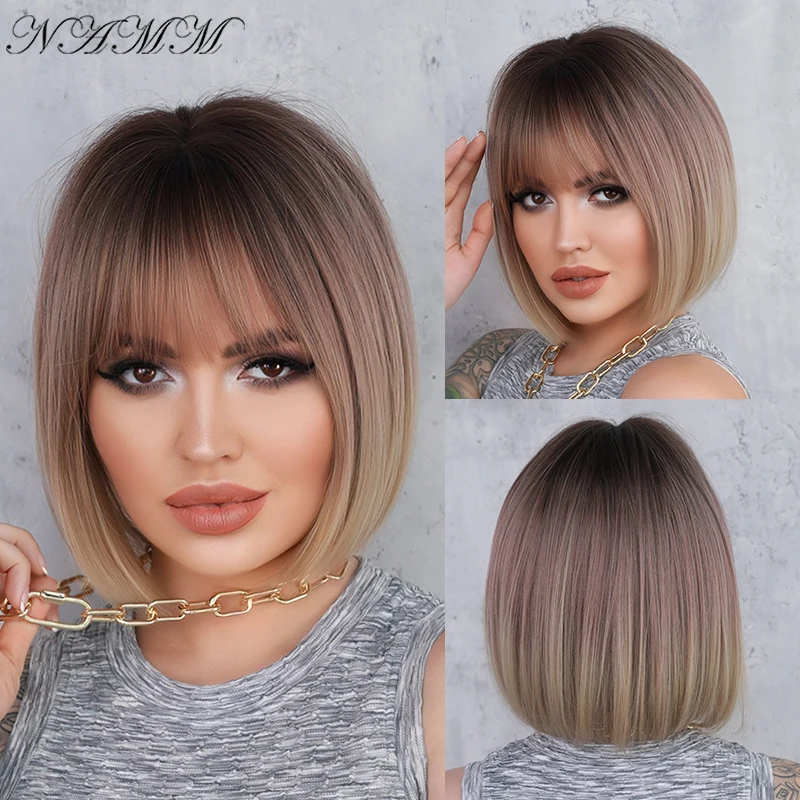 NAMM Women Synthetic Wigs Brown Pink Gradient Blonde Color Short Straight B - £24.61 GBP