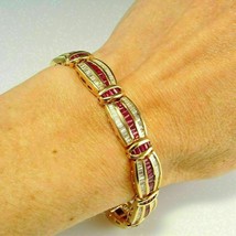 8 Ct Simulated Red Ruby   7&quot; Tennis Wide Bracelet  Gold Plated 925 Silver - £162.19 GBP